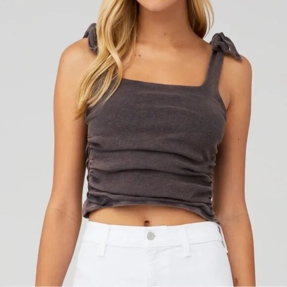 NWT Free People Boulevard Tie-Strap Tank Top Gray Runched Crop Shirt- Small - Picture 1 of 13